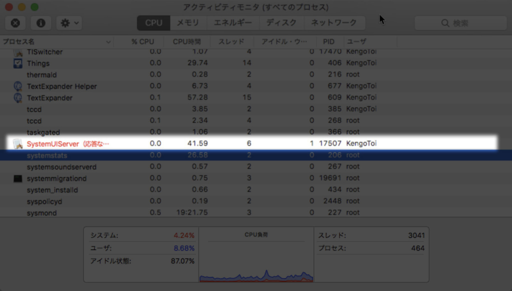 SystemUIServerが応答無しとなっていた