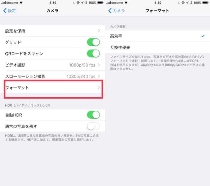 「HEIF/HEVC」フォーマットで保存できる
