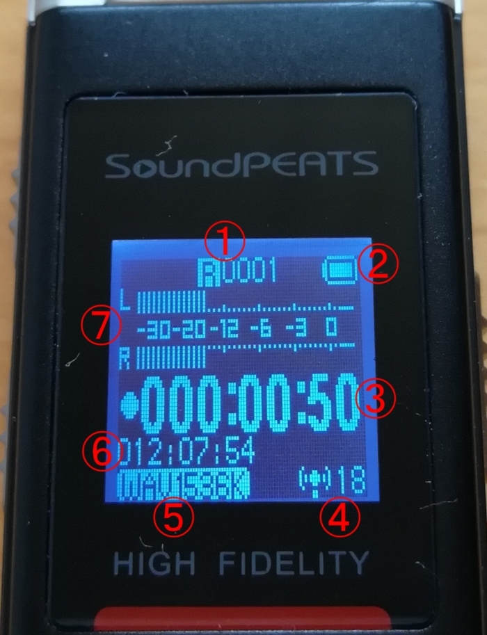 SoundPEATS(サウンドピーツ) Nano6 ボイスレコーダー 録音中のディスプレイ