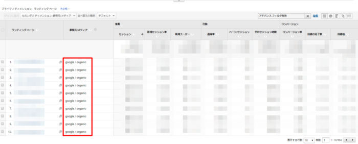 「google / organic」だけに絞られた