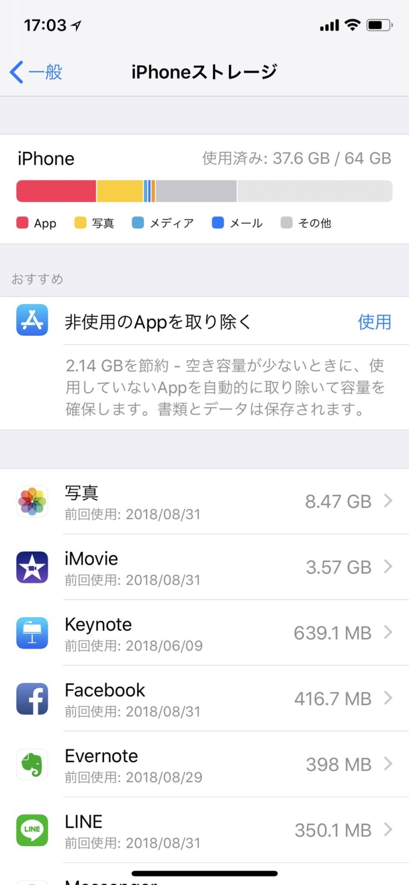 iPhone Xのストレージ使用状況