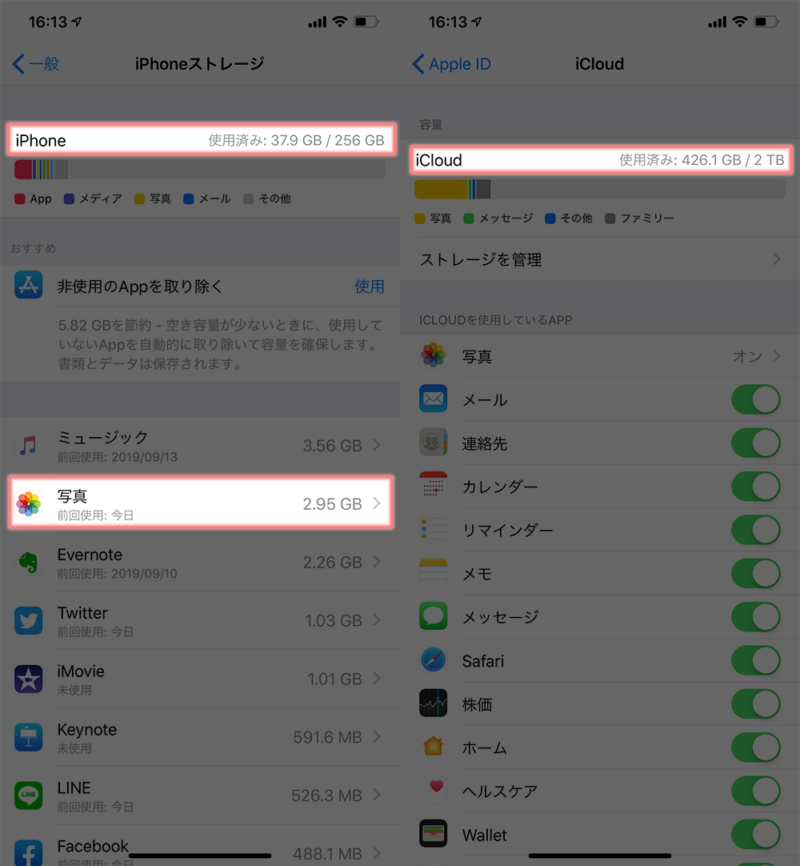 iCloud二アップロード完了後のストレージ利用状況
