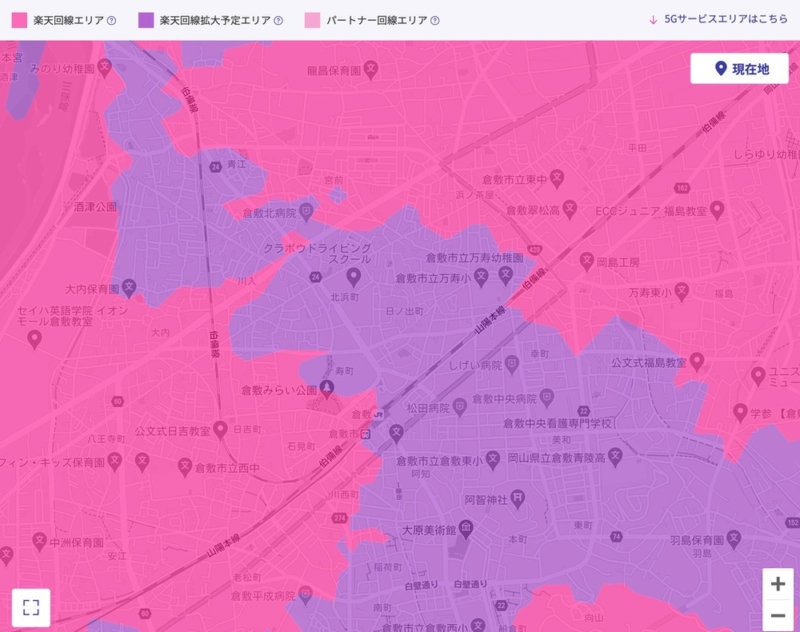 倉敷市の楽天回線エリア(2021年1月時点)