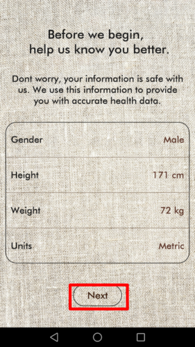 Smart Buckle(スマート・バックル)のアプリ。性別、身長、体重、単位を入力完了後　Nextボタンをタップする